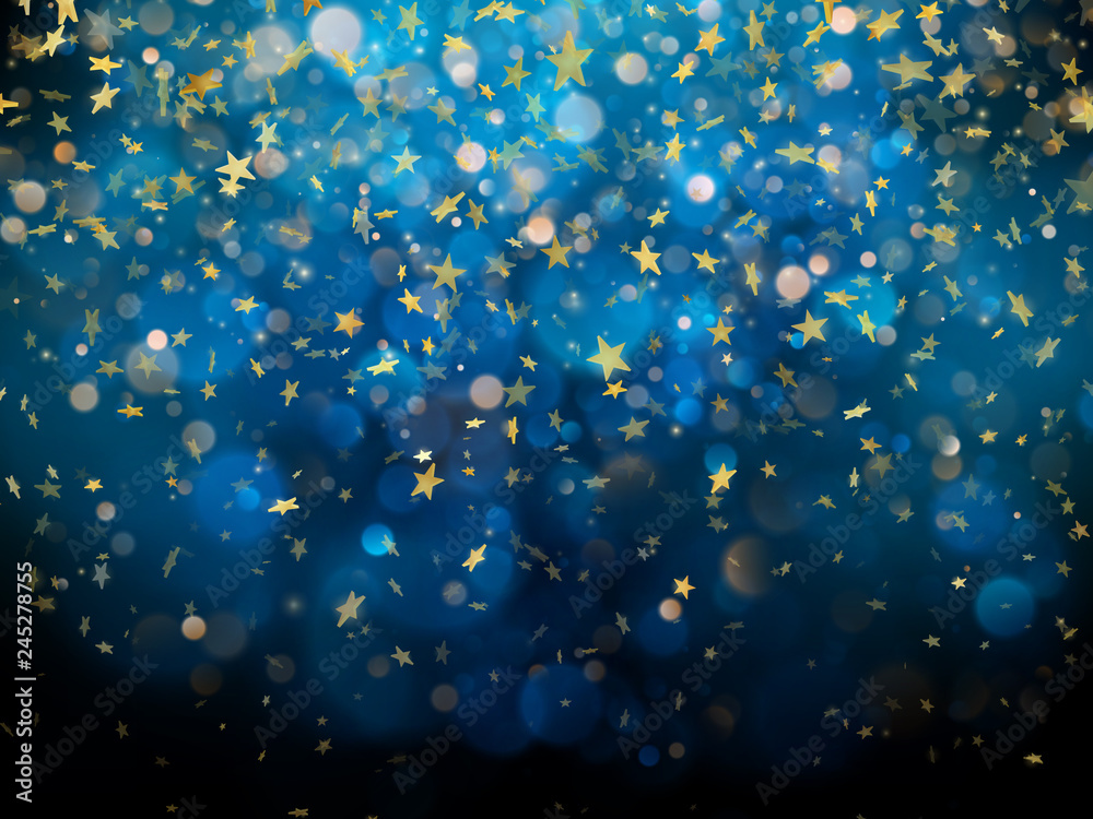 Sparkling golden magic glowing dust. Golden Christmas and New Year glittering stars on dark blue bokeh background. EPS 10