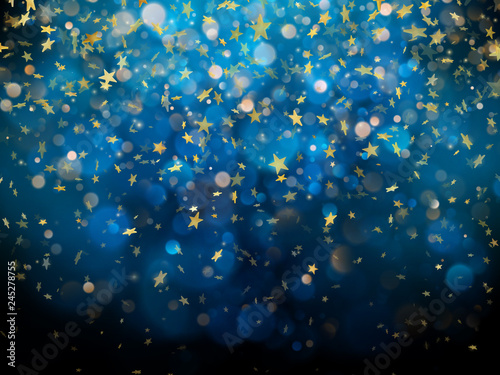 Sparkling golden magic glowing dust. Golden Christmas and New Year glittering stars on dark blue bokeh background. EPS 10