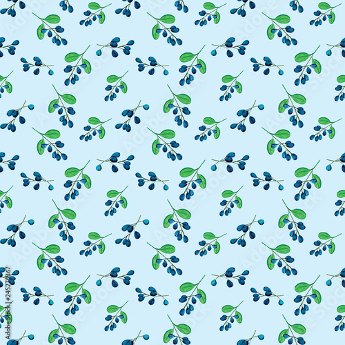 Seamless hand-painted floral, berries pattern  