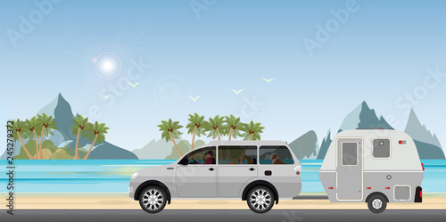 Caravan car driving car on road on the beach.1