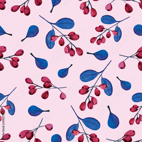 Seamless hand-painted floral, berries pattern  
