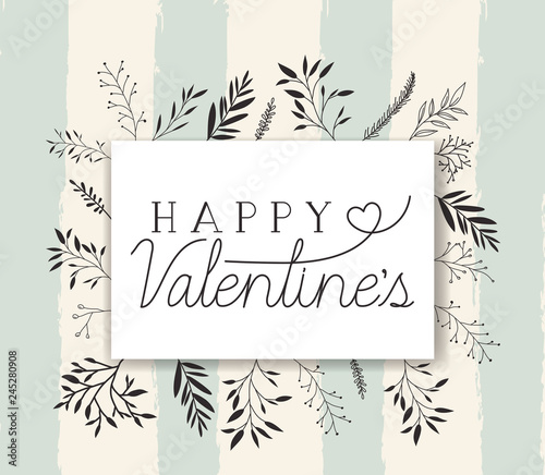 happy valentines day card with square and leafs frame