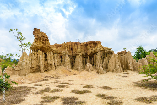 landscape of soil textures eroded sandstone pillars, columns and cliffs, "Sao Din Na Noi" at sri nan national park in Nan Province, Thailand