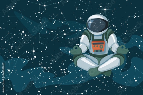 Astronaut sitting in lotus position, meditating, relaxing floating in space