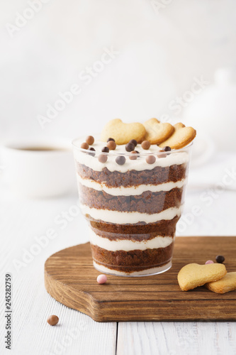 Chocolate trifle cake. Individual dessert in a glass.