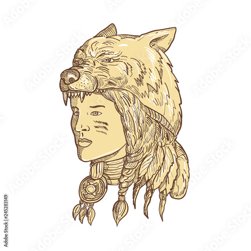 Native American Woman Wearing Wolf Headdress