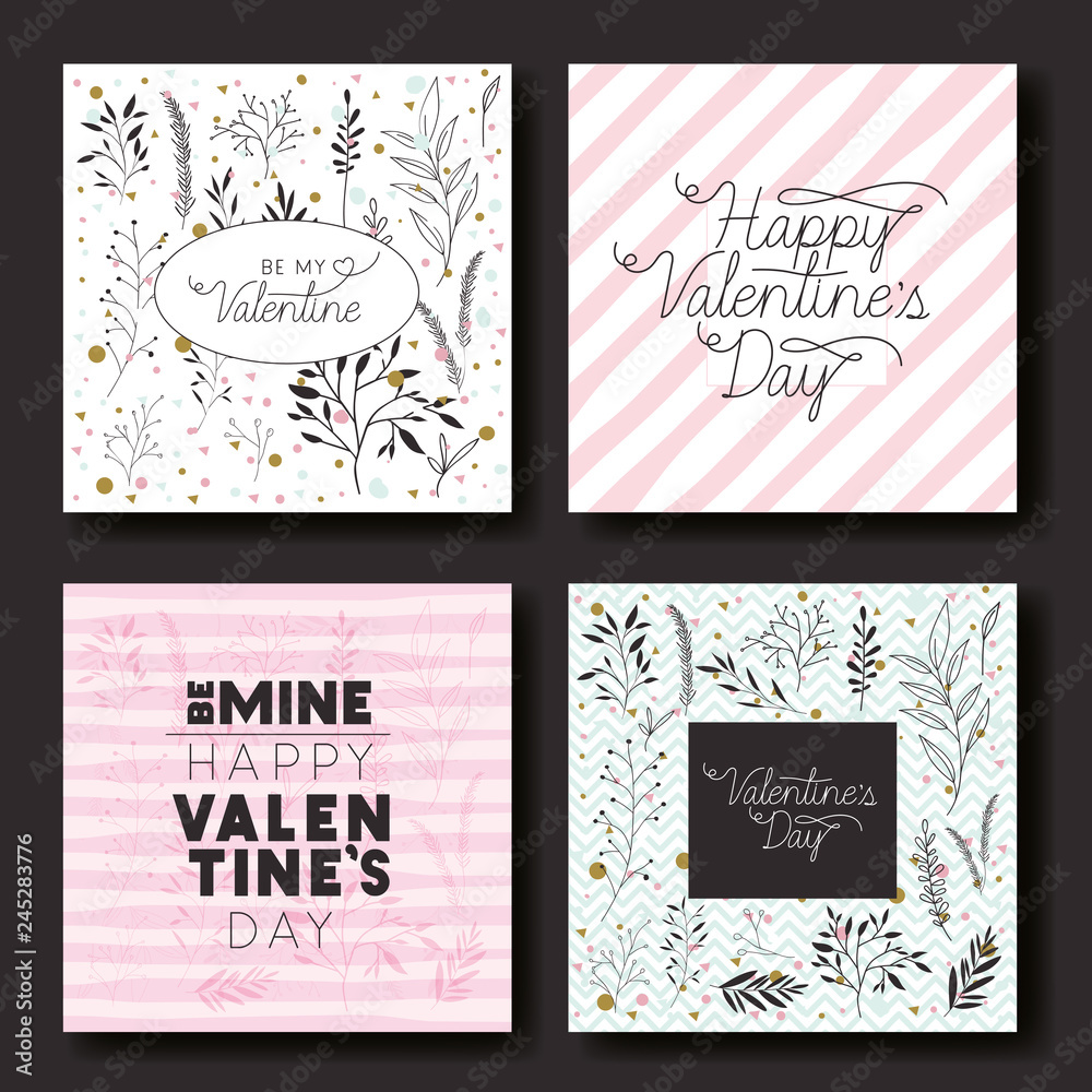 happy valentines day with leafs decoration set cards