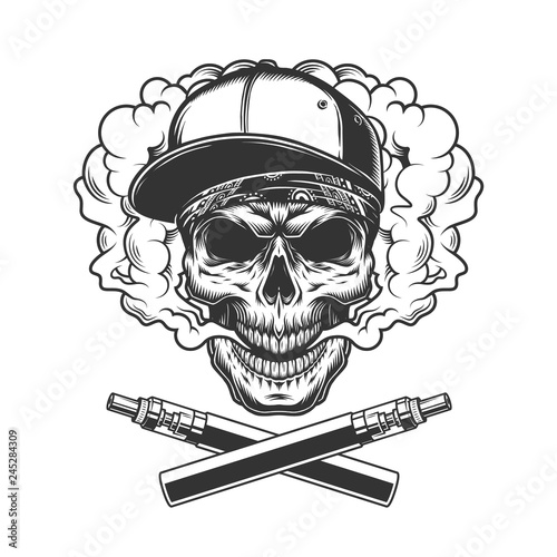 Monochrome hipster skull in smoke cloud