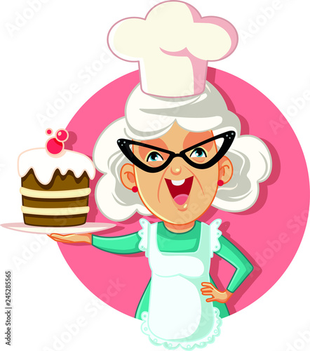 Grandmother Holding Cake Vector Cartoon