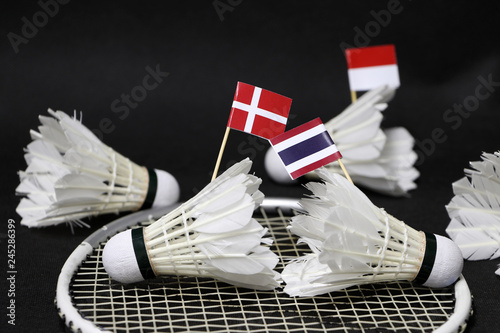 Mini Denmark flag and mini Thai flag stick on the shuttlecock put on the net of badminton racket and out focus Indonesia flag. photo