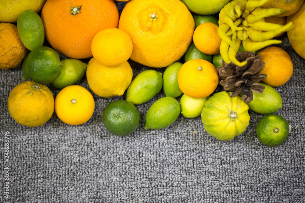 Various citrus fruits isolated. Yellow color fruits