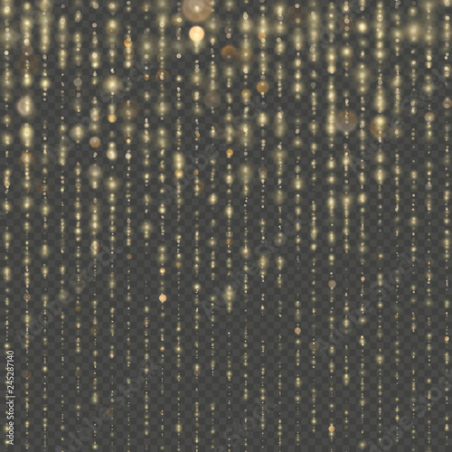 Fashion strass drops with shiny sequins. Christmas and New Year effect. Sparkling of shimmering light blurs. Overlay transparent glitter threads of curtain backdrop. Gold particles lines rain. EPS 10