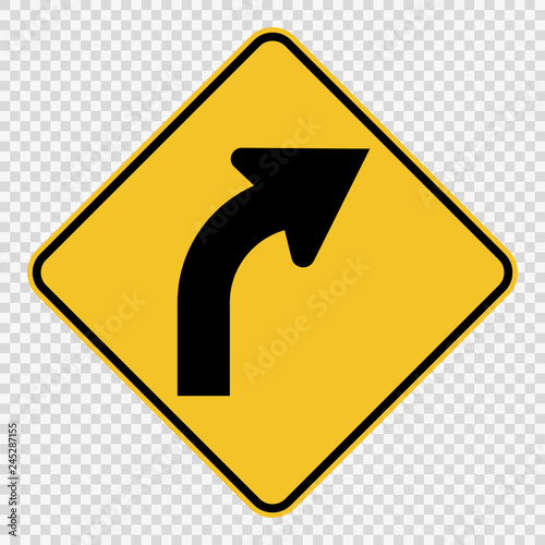Right Curve Ahead sign on transparent background