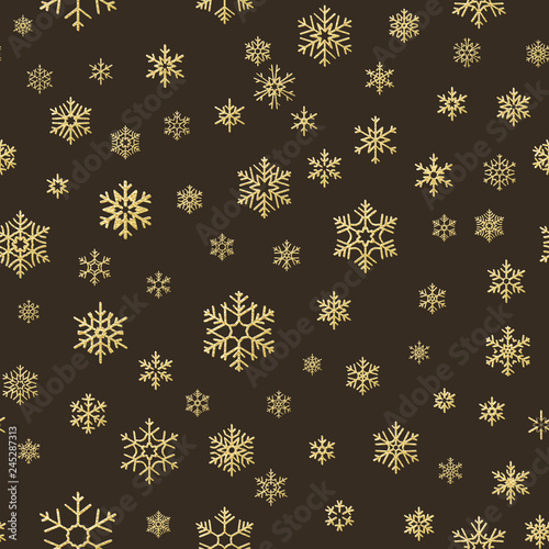 Merry Christmas holiday decoration effect. Golden snowflake seamless pattern. EPS 10