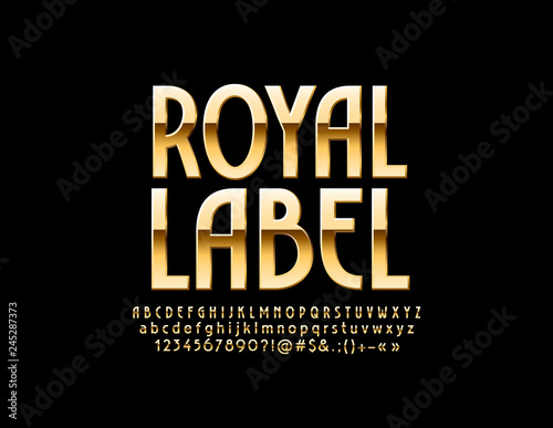 Vector Golden logo Royal Label. Luxury glossy Font. Reflective Alphabet Letters, Numbers and Symbols. 