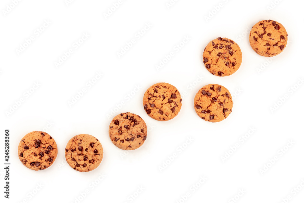 Freshly baked chocolate chip cookies, shot from above on a white background with copy space Freshly baked chocolate chip cookies, shot from above on a white background with copy space