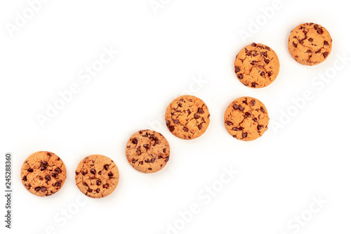 Freshly baked chocolate chip cookies, shot from above on a white background with copy space