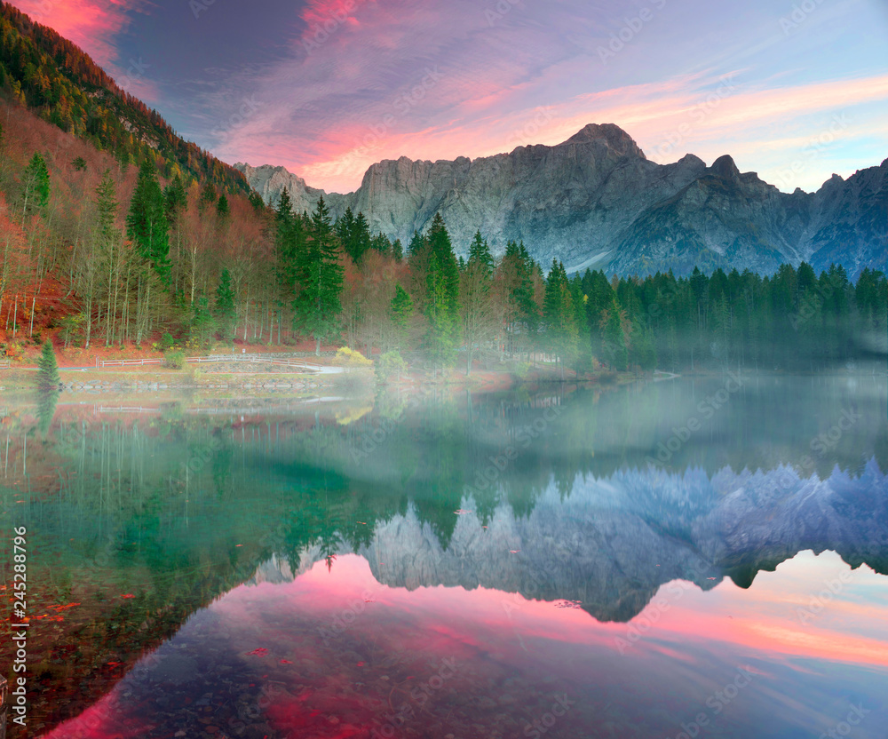 Magnificent morning of the lake Fusine