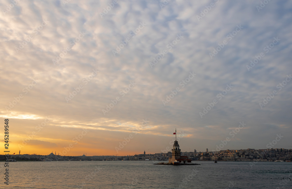Maiden's Tower at sunset in istanbul, Turkey. Medieval Byzantine tower.