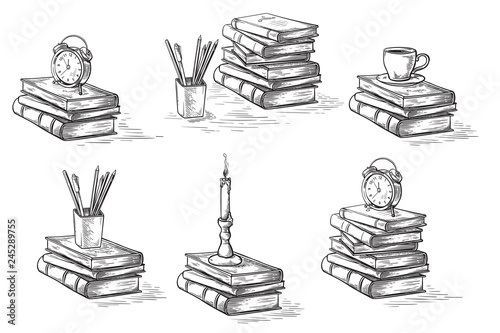 hand drawn sketch stack books set clock pen and candle isolated on white background vector