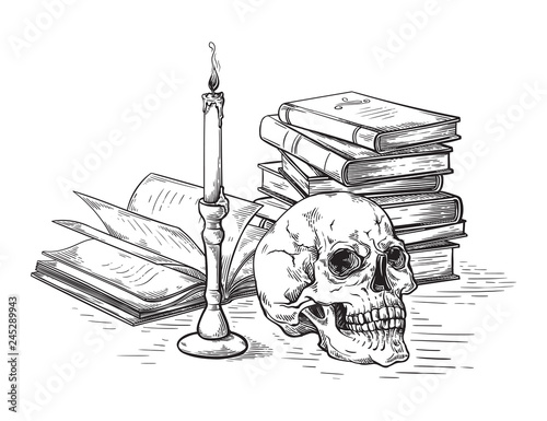 handmade sketch death concept human skull on old books near candle on dark background vector