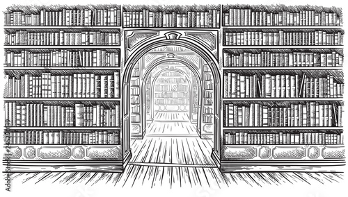 Library book shelf interior graphic sketch black white illustration vector