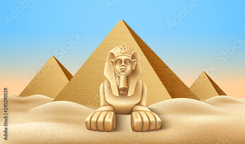 Vector Egypt pyramid and sphinx landmark realistic photo