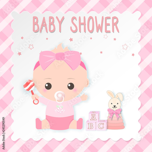 Baby shower card, baby girl and toy. Greeting card paper art style illustration