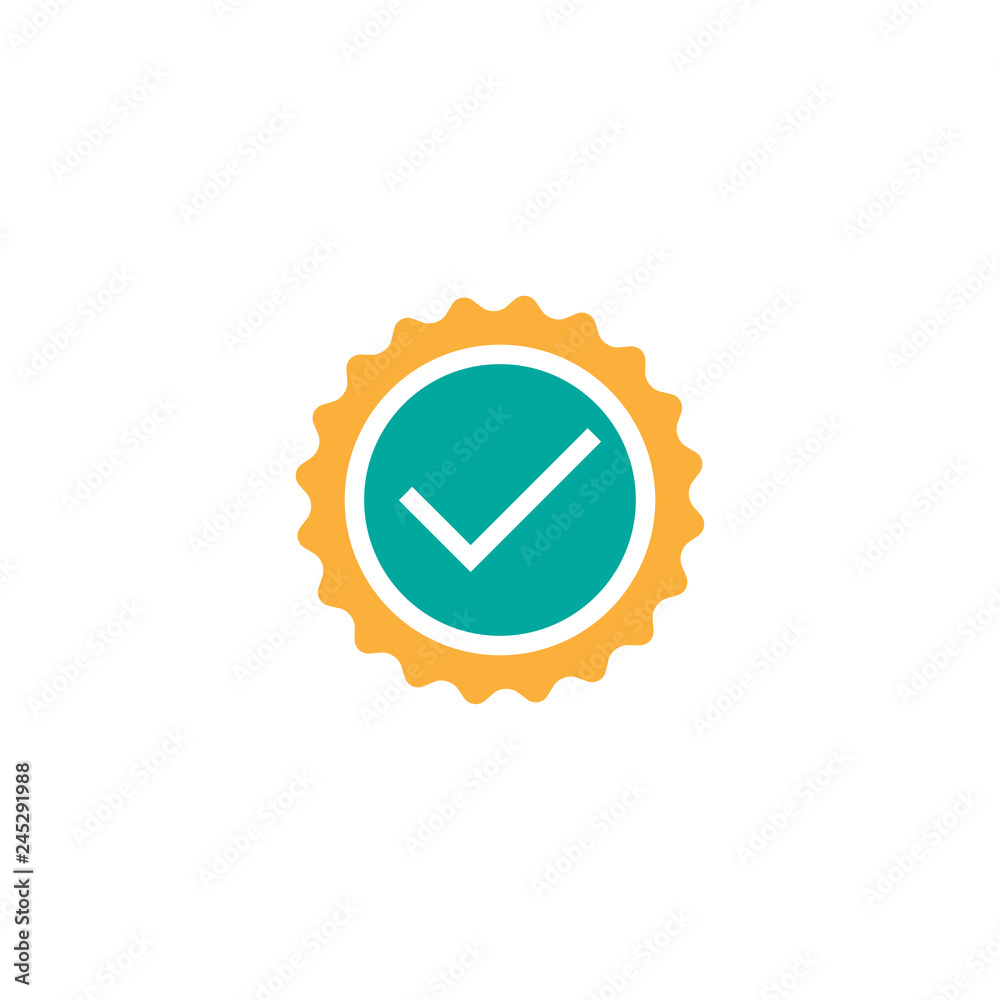 Valid Seal icon. Blue and orange circle with ribbon outline and white tick. Flat OK sticker icon. Isolated on Valid Seal icon. Blue and orange circle with ribbon outline and white tick. Flat OK sticker icon. Isolated on