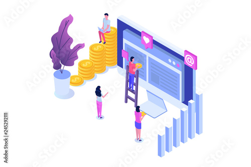 Teamwork success isometric vector illustration. Construction project.  Building Business on the internet.