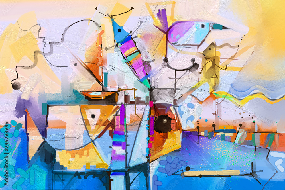 Fototapeta premium Abstract colorful fantasy oil painting. Semi abstract of tree, flower and fish in landscape. Spring ,summer season nature background. Hand painted, children painting style