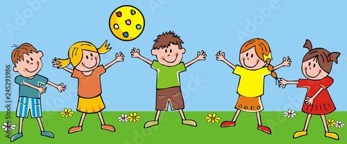 happy kids and ball on meadow, funny vector illustration