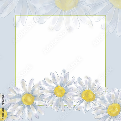 Square Frame and Daisy Wreath Template. Floral Design for Print, Card, Background, Decoration etc. Great for Wedding, Baby Shower, and Birthday. photo