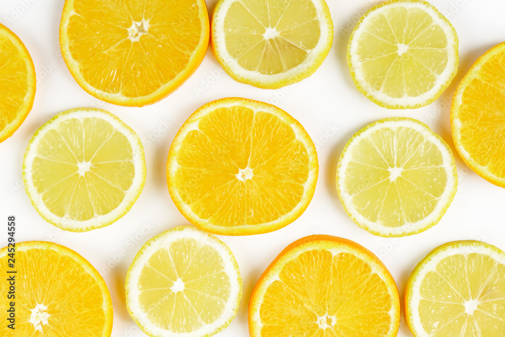 citrus slice, oranges and lemons on white background