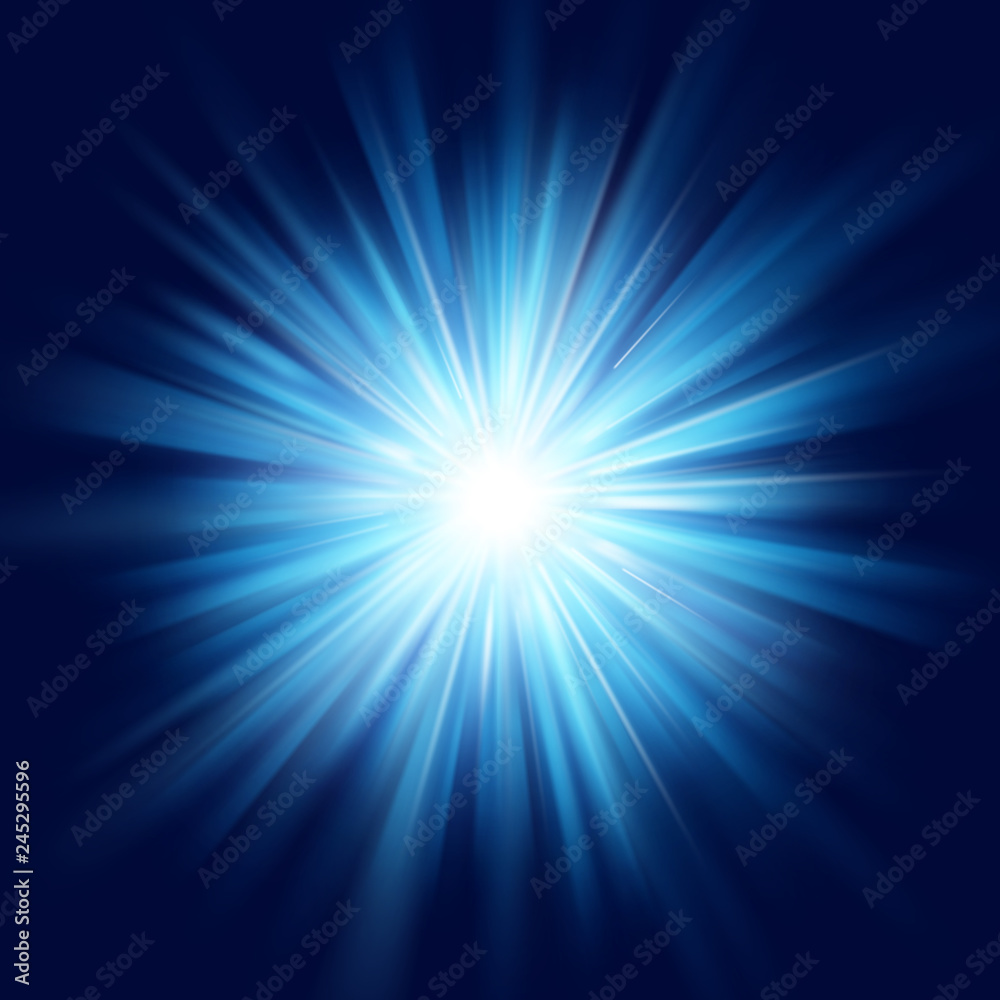 Deep blue glow star burst flare explosion transparent light effect. EPS 10