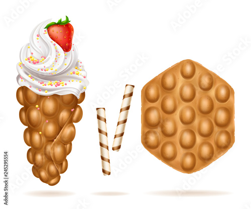 Vector realistic illustration of appetizing Hong Kong egg bubble waffles with ice-cream, decorated fresh strawberry. Belgian sweet dessert with tubules isolated on white background.