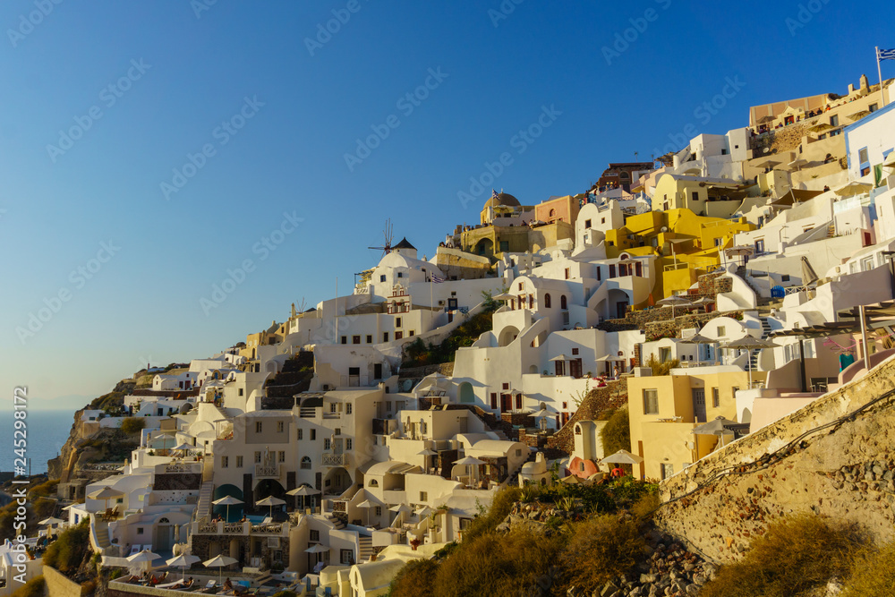 Beautiful landscape view from  Oia village, Santorini with clear blue sky