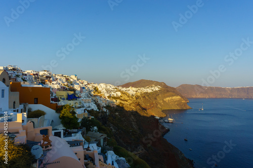 Beautiful landscape view from Oia village, Santorini with clear blue sky