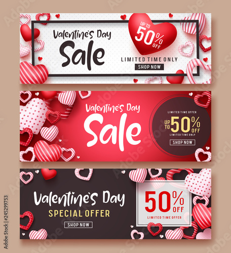 Valentines day sale vector banner template set. Valentines day sale text with hearts elements in red and white backgrounds for shopping promotions. Vector illustration.