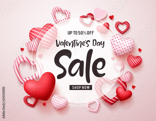 Valentines day sale vector banner. Sale discount promotion text in white frame with red valentines hearts elements in white background. Vector illustration.