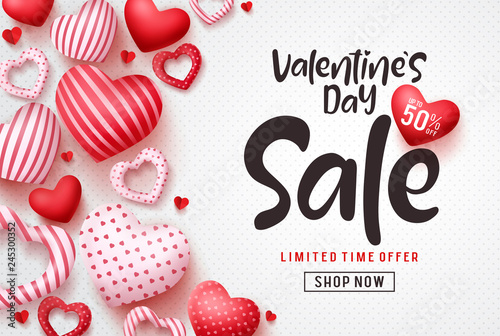 Valentines day sale vector banner template. Valentines day sale discount text with hearts elements in white pattern background. Vector illustration.