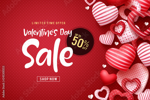 Valentines day sale vector banner design. Valentines day sale discount text with heart shapes elements in red pattern background. Vector illustration.