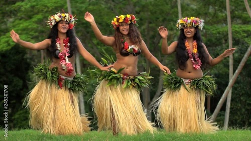 Young female group of Tahitian hula dancers performing outdoor barefoot in traditional costume Tahiti French Polynesia South Pacific photo