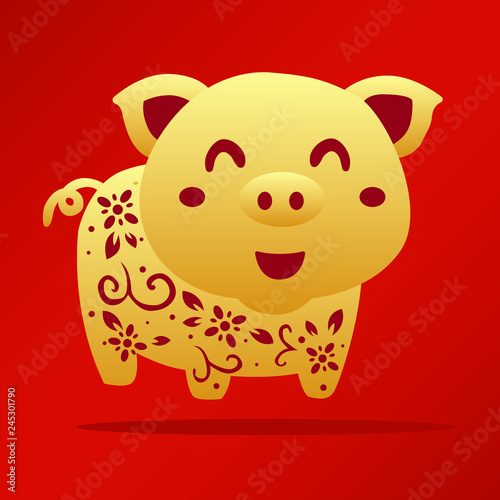 Golden pig for Happy Chinese new year 2019 logo with red background.