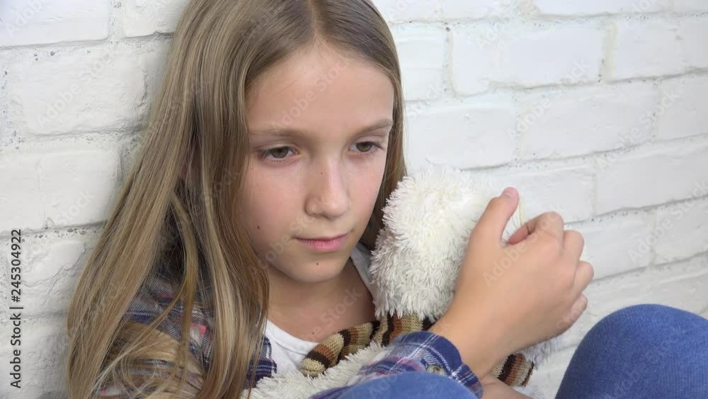 Sad Child, Stressed Unhappy Kid, Ill Sick Girl in Depression, Abused Person