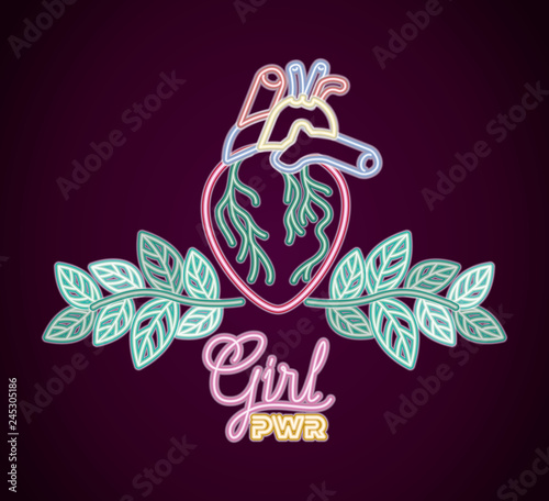 neon heart with roses and girl power words
