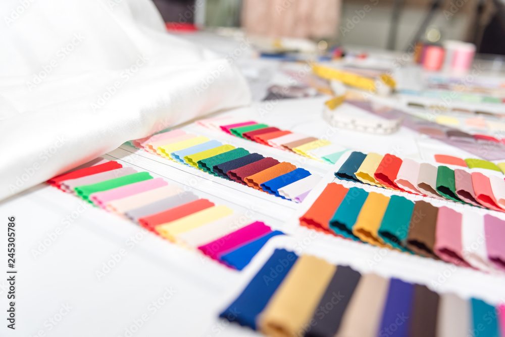 Closed up of Color samples palette of fabric for fashion designs and decoration ,selective focus