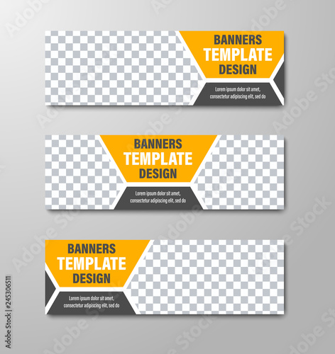 Design of horizontal vector web banners with place for photo and dividing hexagon.