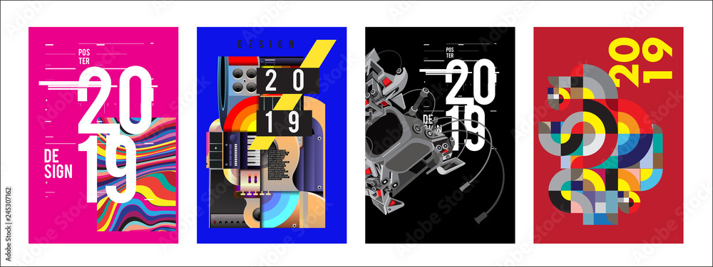 2019 New Poster Design Template. Trendy Vector Typography and Colorful Illustration Collage for Cover and Page Layout Design Template in eps10 2019 New Poster Design Template. Trendy Vector Typography and Colorful Illustration Collage for Cover and Page Layout Design Template in eps10