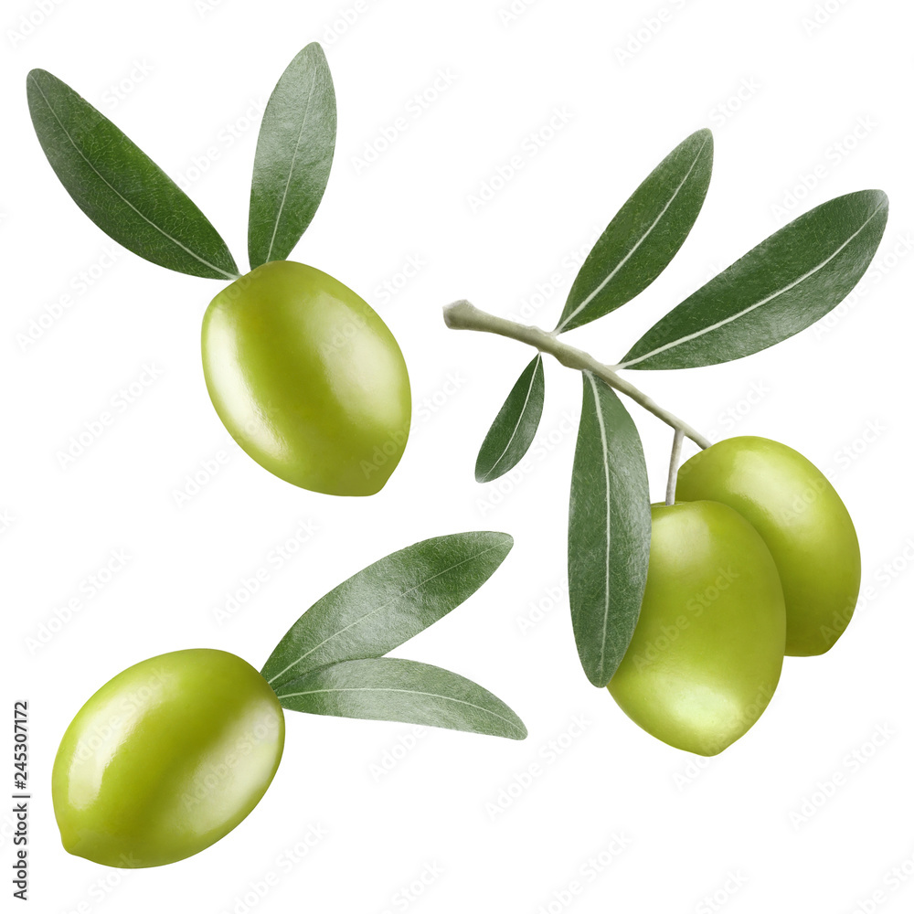 Set of beautiful green olives, isolated on white background